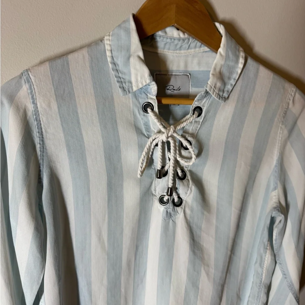Rails Uni Light Blue and White Striped Lace-Up Blouse XS - Picture 3 of 9